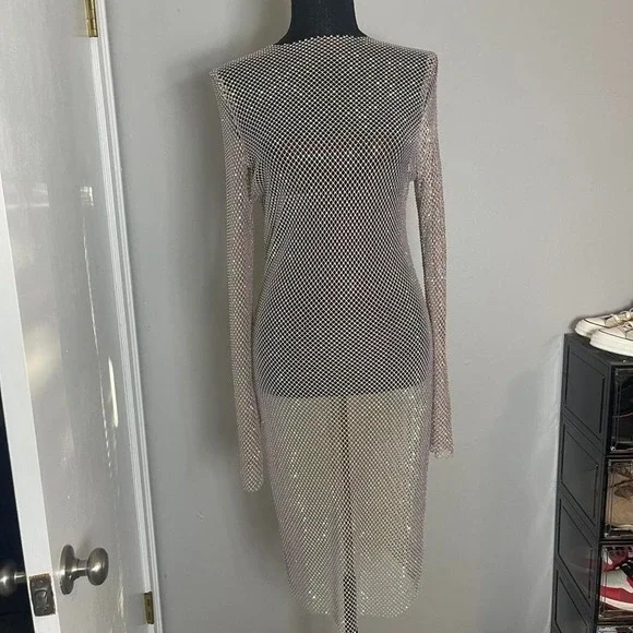 Gold multicolor chainmail mesh long sleeve dress - Picture 1 of 9